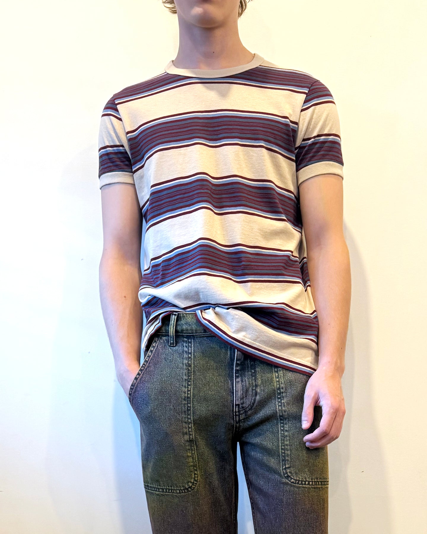 Striped Contrast Rib Tee in Aubergine Stripe
