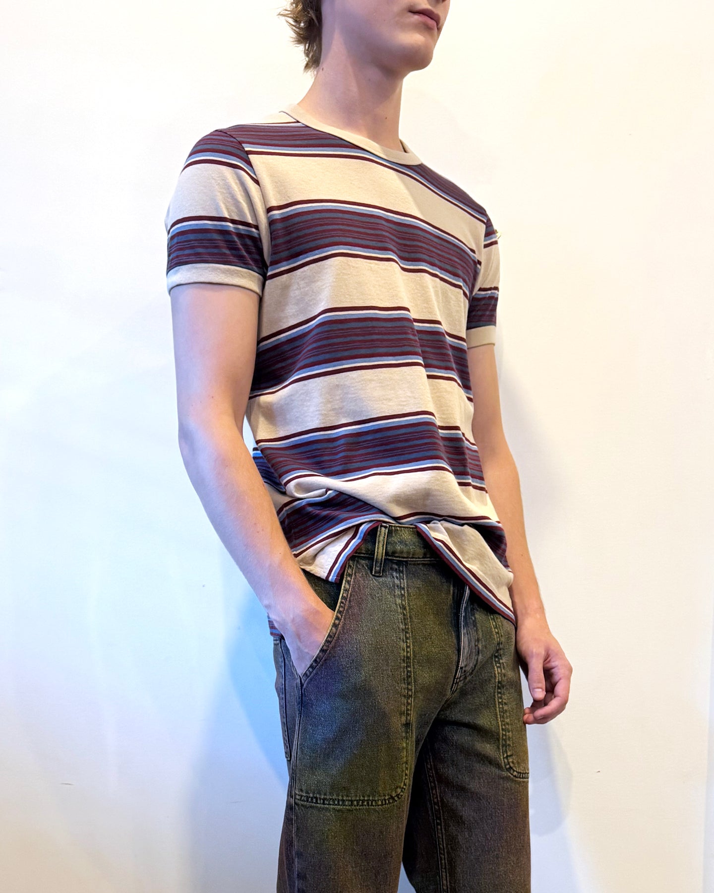 Striped Contrast Rib Tee in Aubergine Stripe