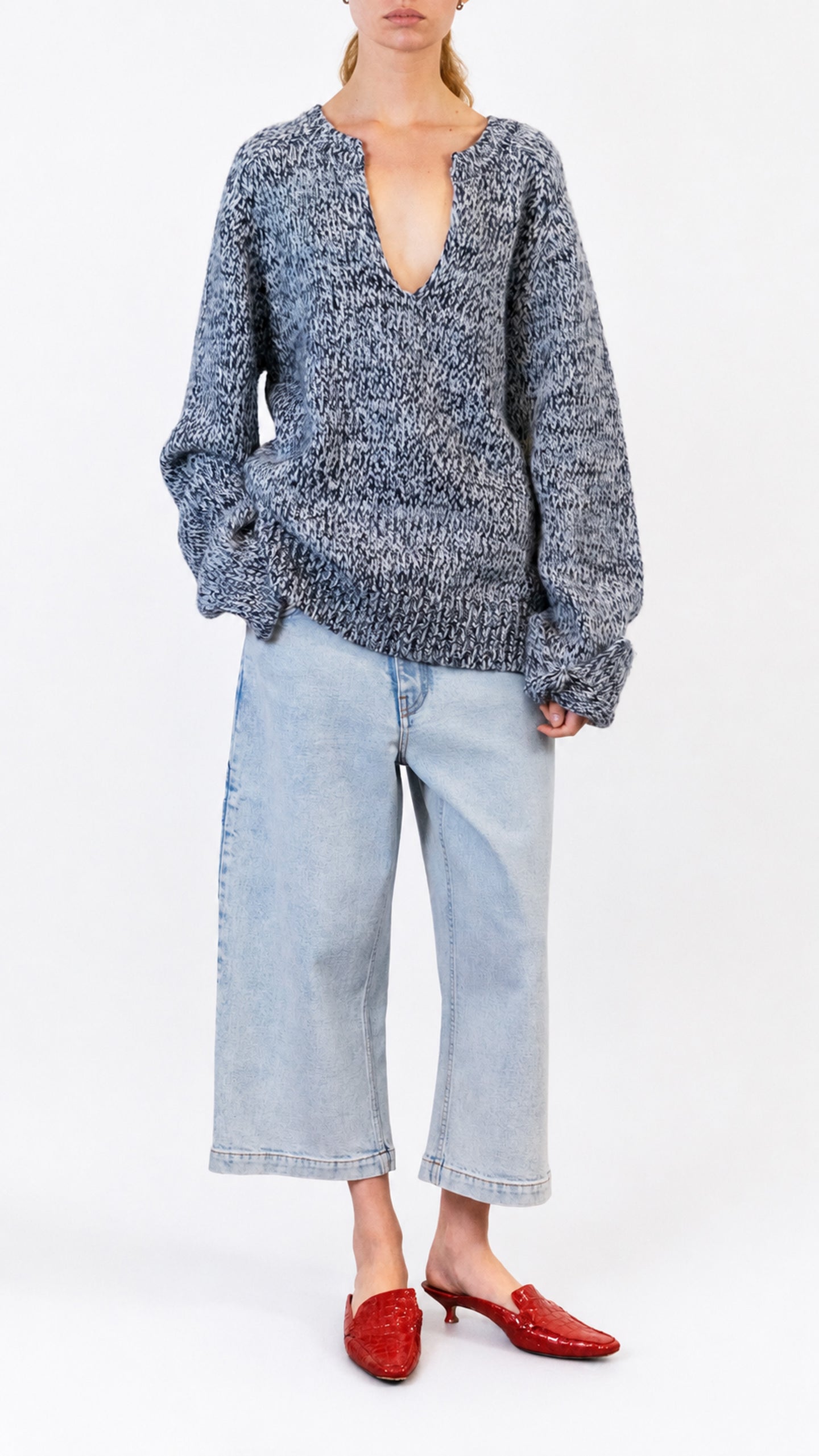 Split Crewneck Sweater in Blue Melange