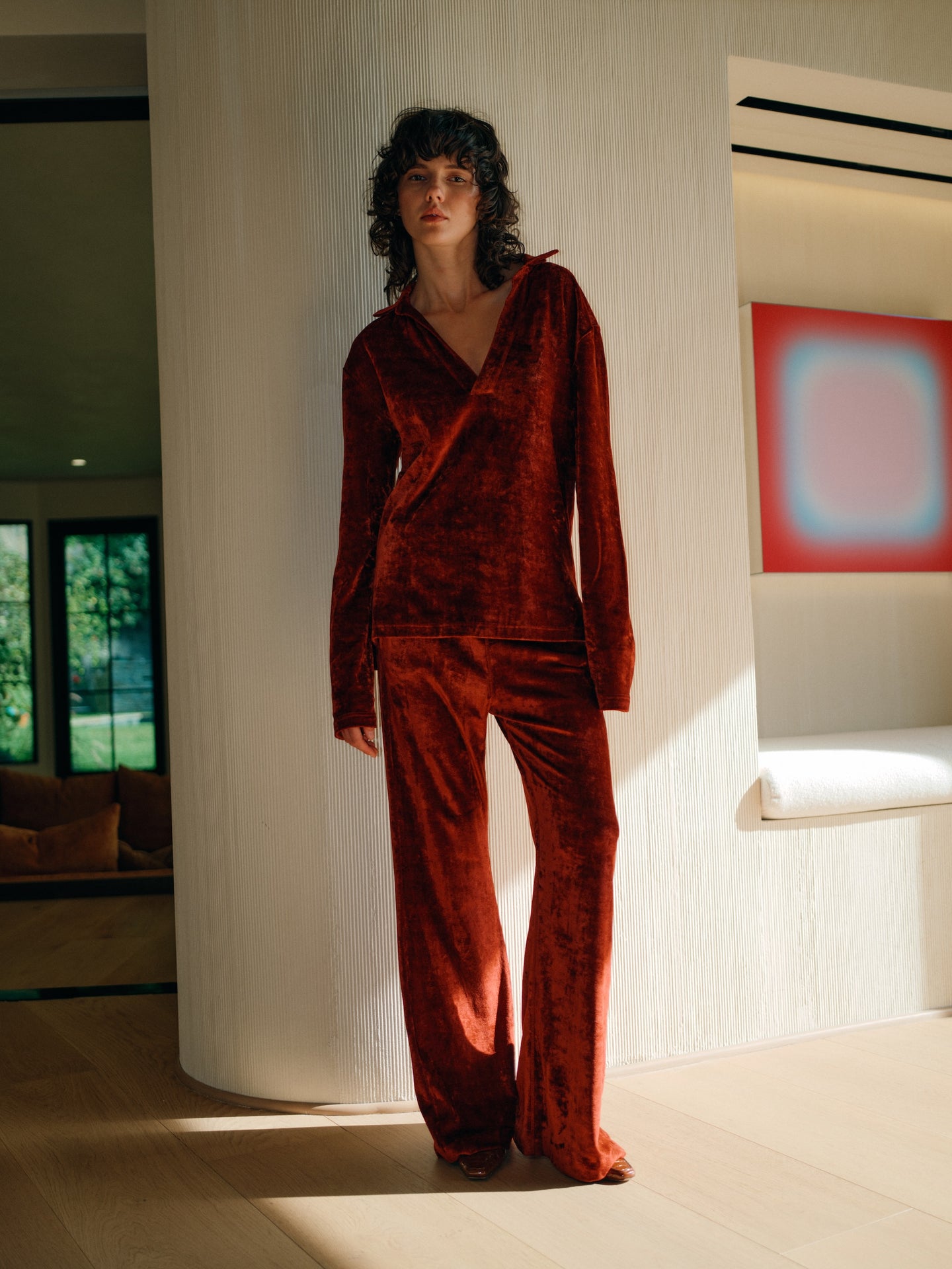 Velvet Flared Pants in Dark Rust