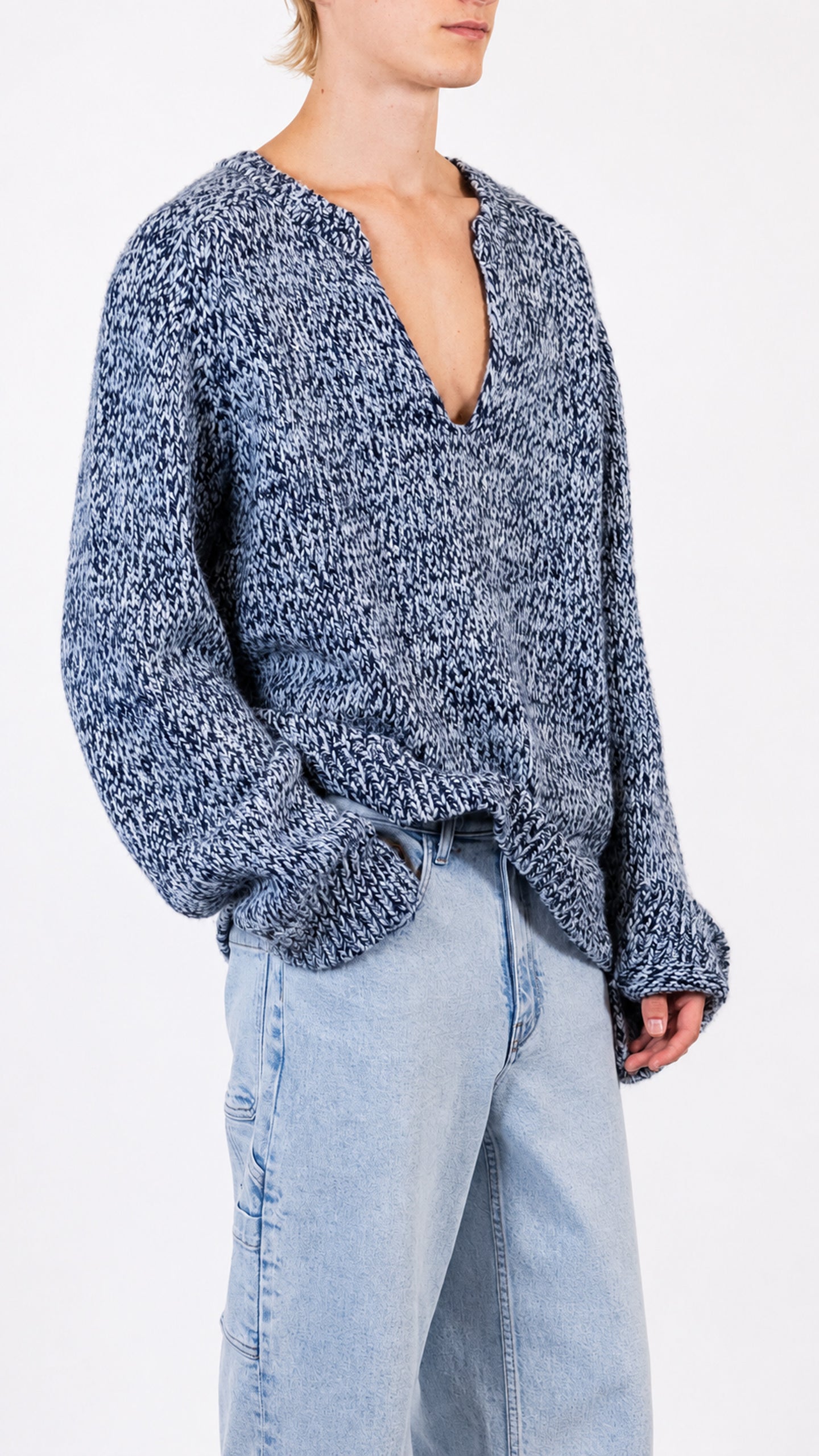 Split Crewneck Sweater in Blue Melange