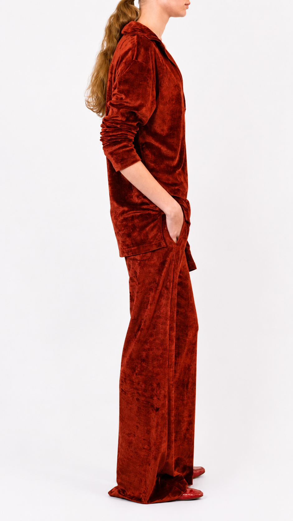 Velvet Flared Pants in Dark Rust