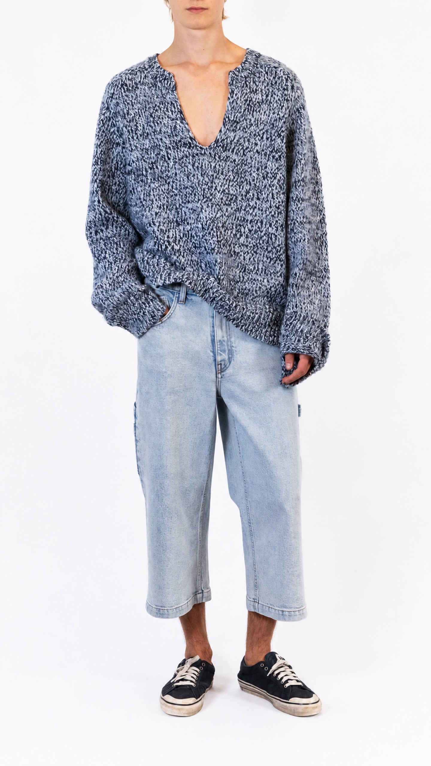 Split Crewneck Sweater in Blue Melange