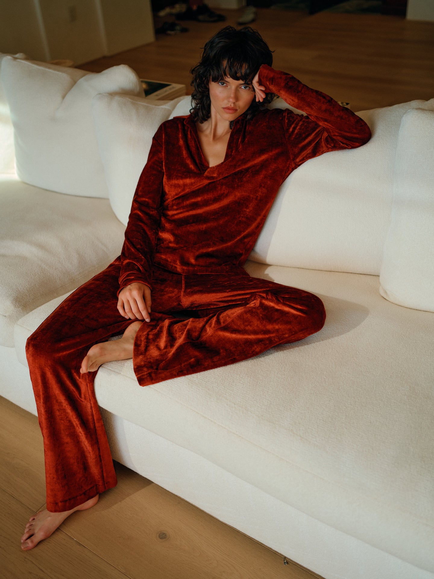 Velvet Flared Pants in Dark Rust