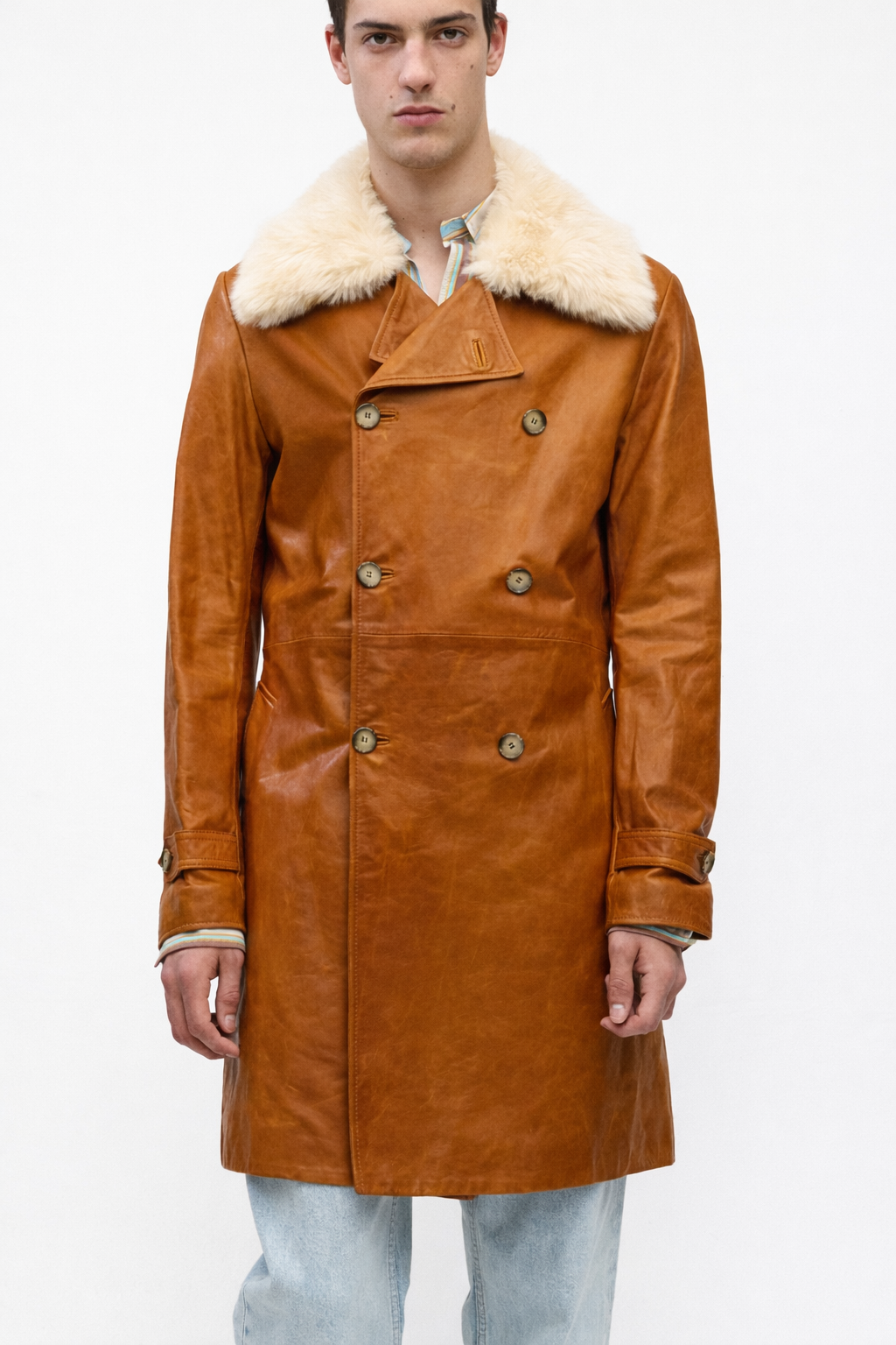 Leather Skinny Trench in Cognac