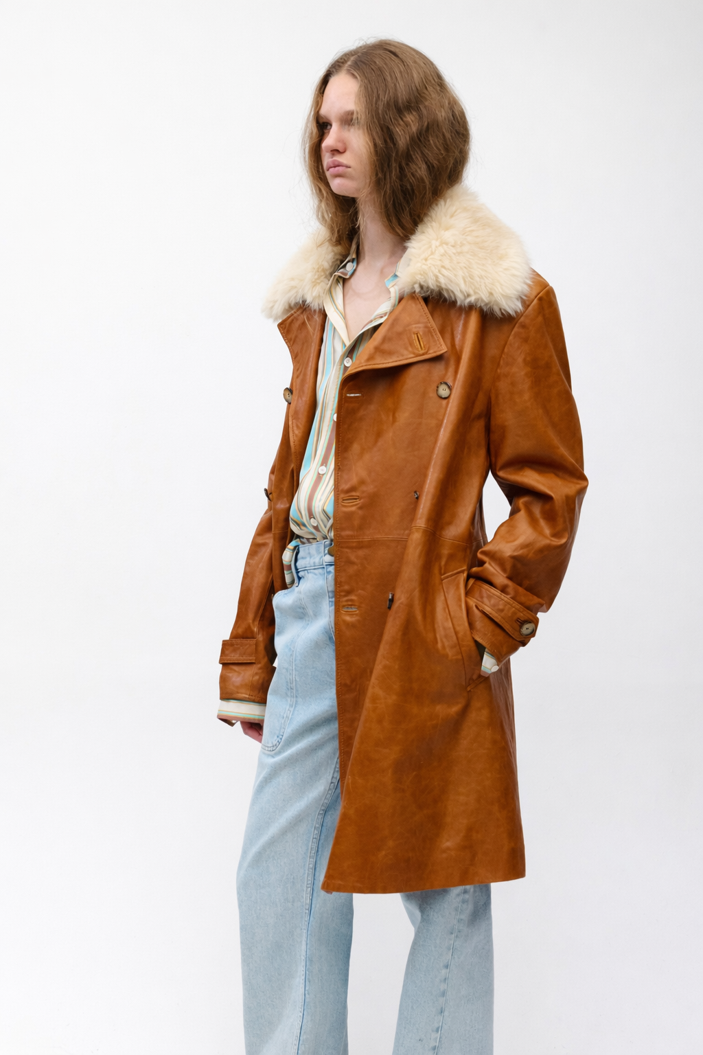 Leather Skinny Trench in Cognac