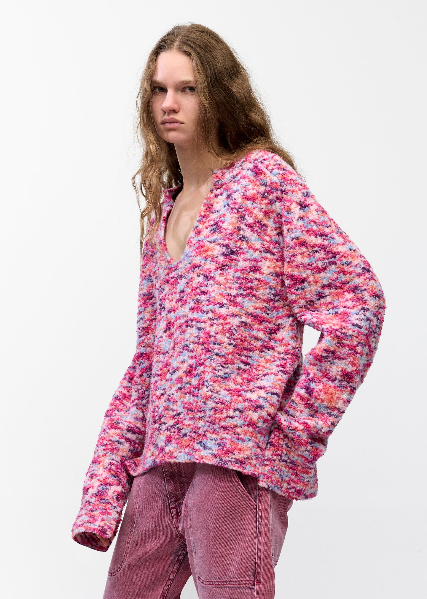 Split Crewneck Sweater  in Pink Melange