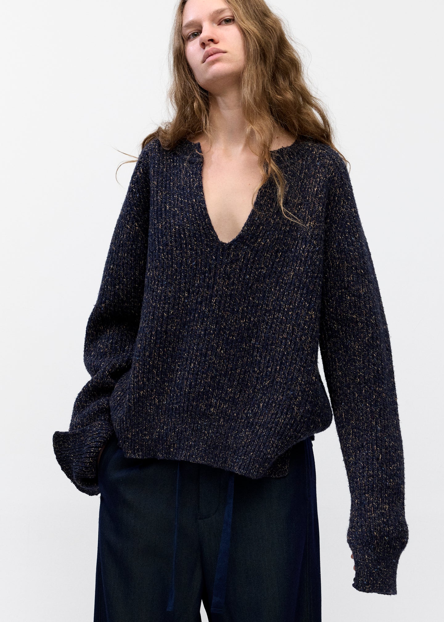 Split Crewneck Sweater  in Navy Melange